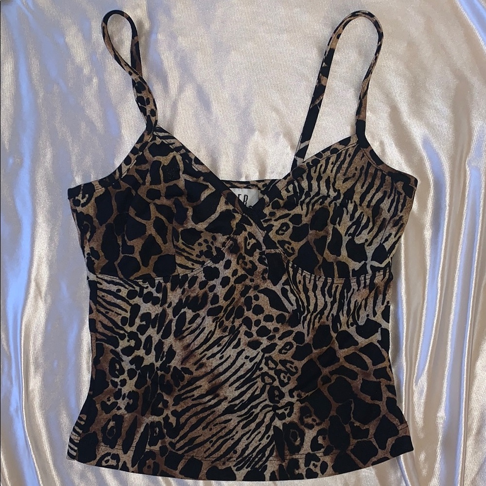 A. Byer Animal Print Spaghetti Crop Top | Y2K Leopard V-Neck Cami Size Small